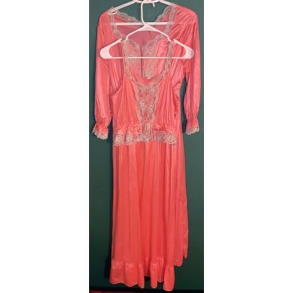 Vintage TEXSHEEN Lingerie Long Pink Chiffon Lace Lounge Gown & Robe Peignoir - Picture 1 of 11